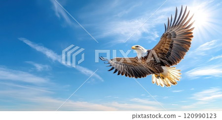 Eagle flying in the blue sky. Free space for text. Big bird with spread wings the bird is hovering in the air. Bird's eye view. Symbol of freedom and independence. Generated by AI Eagle flying in the blue sky. Free space for text. Big bird with spread wings the bird is hovering in the air. Bird's eye view. Symbol of freedom and independence. Generated by AI 120990123