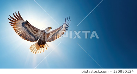 Eagle flying in the blue sky. Free space for text. Big bird with spread wings the bird is hovering in the air. Bird's eye view. Symbol of freedom and independence. Generated by AI Eagle flying in the blue sky. Free space for text. Big bird with spread wings the bird is hovering in the air. Bird's eye view. Symbol of freedom and independence. Generated by AI 120990124