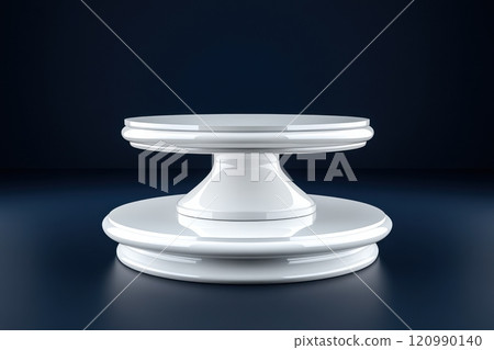 Elegant White two-tier Ceramic Table stand-pedestal for product display. Mockup on a dark blue background. Design Elements, Modern Decor Style. Generative AI 120990140