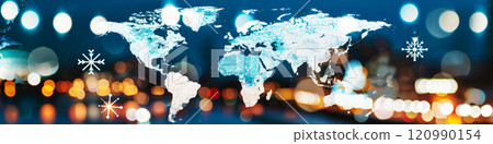 Illuminated Global Map with Winter Theme for Worldwide Connections. Banner 120990154