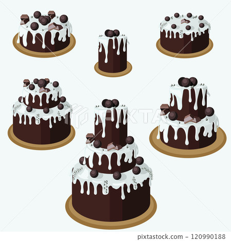 Set of chocolate cakes in cartoon style. Vector illustration isolated on white background. Set of chocolate cakes in cartoon style. Vector illustration isolated on white background. 120990188