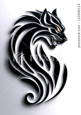Panther logo. Abstract emblem with sinuous lines. Muscular physique. Silhouette of a wild animal. Isolated on white background. Suitable for stickers, tattoos, T-shirt designs, sports. Generated by AI 120990224
