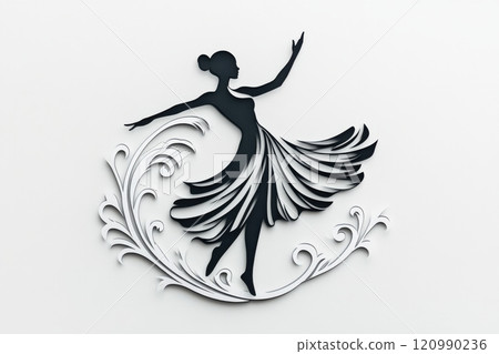 Elegant Dancing Girl Logo. Black and white image with vintage elements. Element for creating design of postcards, emblems, monograms for salon, boutique, dance club. Generated by AI 120990236