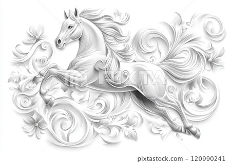 Intricate white horse design surrounded by elegant floral patterns on a textured background. Generated by AI 120990241