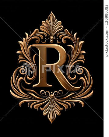 Gold letter R. Elegant Graceful logo. Calligraphic beautiful style. Ornate monogram. Vintage emblem for book design, brand name, business card, Restaurant, Boutique, Hotel. Generated by AI 120990382