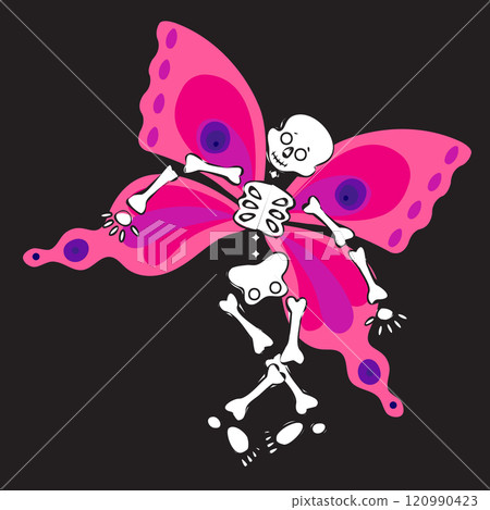Skeleton with butterfly wings on a black background. Vector illustration. 120990423