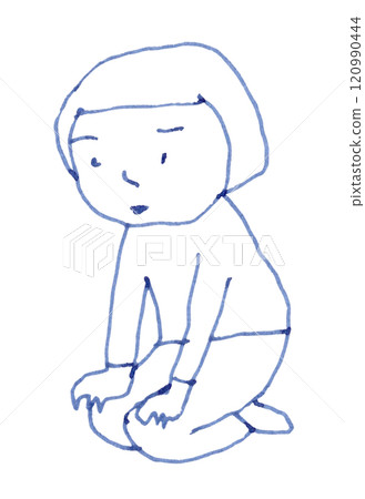 Hand-drawn line drawing of a woman with a bob haircut sitting upright and looking down_Fountain pen blue-black dye ink Hand-drawn line drawing of a woman with a bob haircut sitting upright and looking down_Fountain pen blue-black dye ink 120990444
