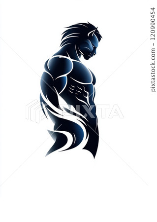 Abstract Panther-man logo. Muscular body of a man with a head of a wild beast. Stylish design for T-shirt print, stickers, sports emblem. Isolated on white background. Generated by AI Abstract Panther-man logo. Muscular body of a man with a head of a wild beast. Stylish design for T-shirt print, stickers, sports emblem. Isolated on white background. Generated by AI 120990454