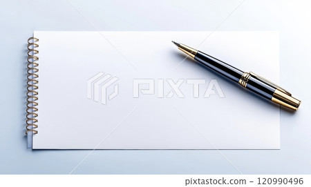 Spiral notebook lies open on a light surface. A clean white page is ready to be written on. A smooth black and gold fountain pen lies on the paper. Simple and elegant mockup. AI generated Spiral notebook lies open on a light surface. A clean white page is ready to be written on. A smooth black and gold fountain pen lies on the paper. Simple and elegant mockup. AI generated 120990496