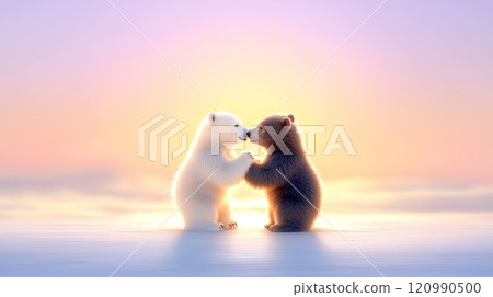Polar and brown bear cubs playfully touch noses on a snowy surface. Unity of opposites. Sunset in soft pastel shades. Joyful interaction of wild animals, deep connection and friendship. AI generated 120990500