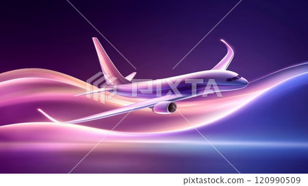 Modern aircraft soaring gracefully through vibrant colorful waves of purple, pink, and blue in digital art display. Sleek captivating design of aviation, blend of technology and artistry. AI generated 120990509