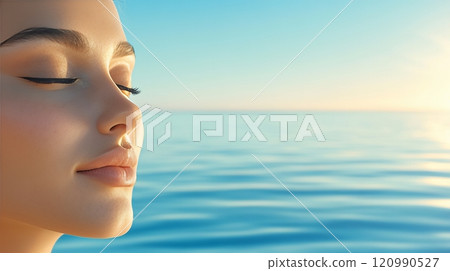 Young woman's face with closed eyes against the background of the evening sea. The girl's profile is illuminated by soft sunlight.  Free space for text. AI generated 120990527