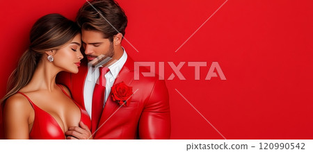 Glamorous girl and guy tenderly look at each other. Couple in love on red background with free space for text. Beautiful Woman and Man in red suit and tie. Relationships and love. AI generated 120990542