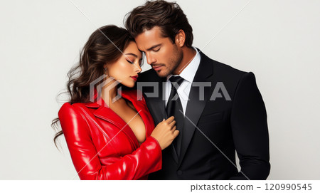 Glamorous girl in red leather jacket and man in black suit with tie hugging tenderly. Couple in love on white background. Relationships and love. AI generated 120990545