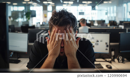 Exhausted Office Worker Takes a Break. Stress, Burnout, and Work-Life Balance in Modern Workspaces 120990694