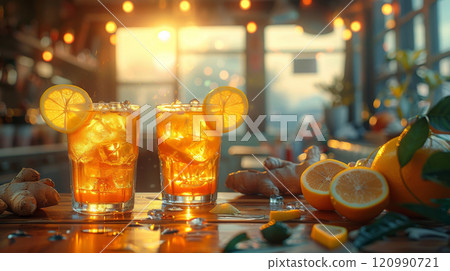 A cozy autumn table set with glasses of pear ginger fresh juice, garnished with pear slices and a piece of ginger A cozy autumn table set with glasses of pear ginger fresh juice, garnished with pear slices and a piece of ginger 120990721