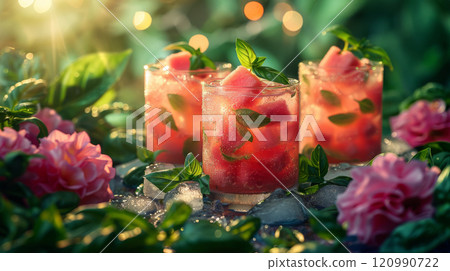A garden party table set with glasses of watermelon basil fresh juice, each garnished with basil leaves and watermelon cubes 120990722