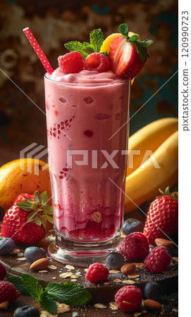 A glass filled with a vibrant mix of fresh fruits like banana, strawberry, and raspberry, blended with yogurt or juice and served chilled with ice 120990723