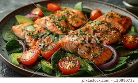 Colorful salmon and avocado salad with grilled salmon flakes, creamy avocado, fresh spinach, cherry tomatoes, red onion, drizzled with olive oil and lemon juice 120990732