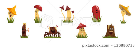Funny Mushroom Character and Tree Stump with Smiling Face Vector Set Funny Mushroom Character and Tree Stump with Smiling Face Vector Set 120990733