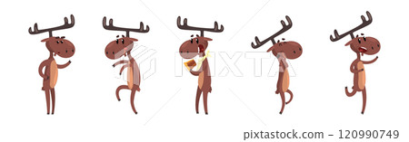 Funny Brown Moose and Elk in Various Pose Vector Set 120990749