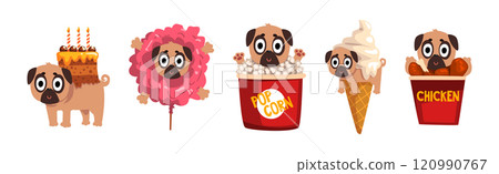 Pug Dog Puppy Character in Fancy Food Outfit Vector Set Pug Dog Puppy Character in Fancy Food Outfit Vector Set 120990767