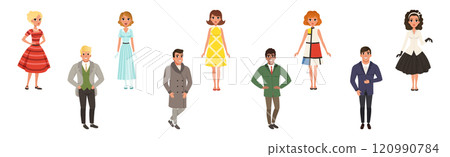 People Wearing Vintage Clothing and Retro Fashion Apparel Vector Set 120990784
