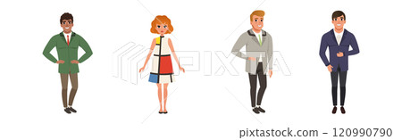 People Wearing Vintage Clothing and Retro Fashion Apparel Vector Set 120990790