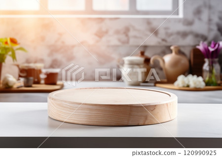 Wooden cutting board against a bright, modern kitchen backdrop. Kitchen podium background for food product. Ideal for culinary websites, blogs, or any content focused on cooking, design, or home decor 120990925