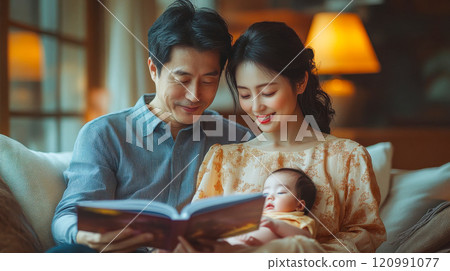 Happy asian couple reading a book to their baby on a cozy sofa. Warm, family atmosphere Happy asian couple reading a book to their baby on a cozy sofa. Warm, family atmosphere 120991077