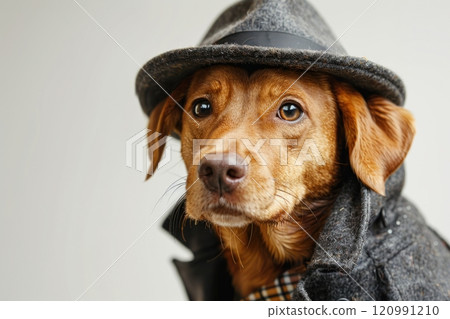 Happy Dog wearing Detective costumes, studio lighting, isolated on white background, stock photographic style 120991210