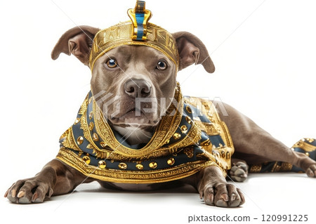 Happy Dog wearing Egyptian Pharaoh costumes, studio lighting, isolated on white background, stock photographic style 120991225