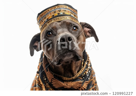 Happy Dog wearing Egyptian Pharaoh costumes, studio lighting, isolated on white background, stock photographic style 120991227