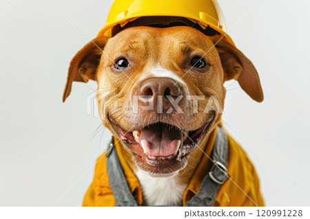 Happy Dog wearing Electrician costumes, studio lighting, isolated on white background, stock photographic style 120991228