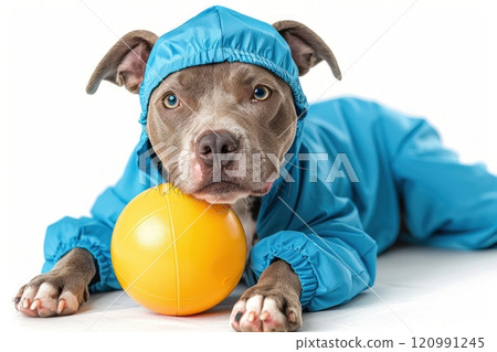Happy Dog wearing Fitness Trainer costumes, studio lighting, isolated on white background, stock photographic style Happy Dog wearing Fitness Trainer costumes, studio lighting, isolated on white background, stock photographic style 120991245