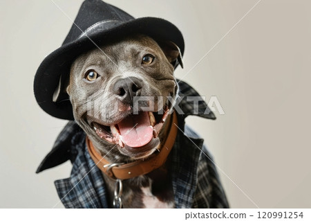 Happy Dog wearing Gangster costumes, studio lighting, isolated on white background, stock photographic style 120991254