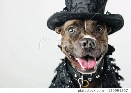 Happy Dog wearing Gothic costumes, studio lighting, isolated on white background, stock photographic style 120991267