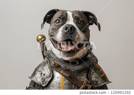 Happy Dog wearing Knight costumes, studio lighting, isolated on white background, stock photographic style Happy Dog wearing Knight costumes, studio lighting, isolated on white background, stock photographic style 120991292