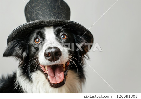 Happy Dog wearing Magician costumes, studio lighting, isolated on white background, stock photographic style 120991305