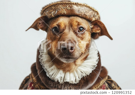 Happy Dog wearing Renaissance Noble costumes, studio lighting, isolated on white background, stock photographic style 120991352