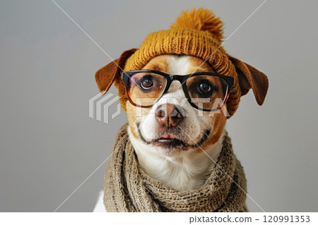 Happy Dog wearing Reporter costumes, studio lighting, isolated on white background, stock photographic style 120991353