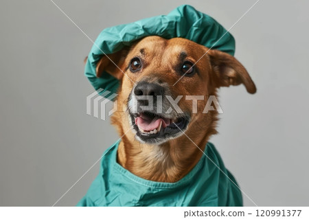 Happy Dog wearing Surgeon costumes, studio lighting, isolated on white background, stock photographic style 120991377