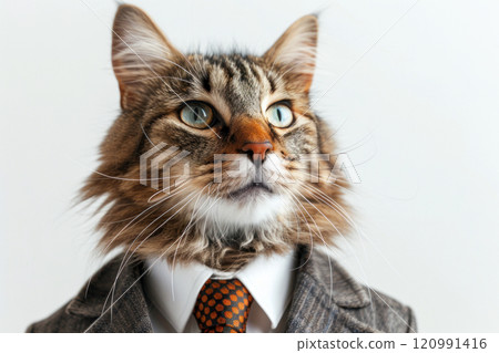 Happy cat wearing Businessperson costumes, studio lighting, isolated on white background, stock photographic style 120991416