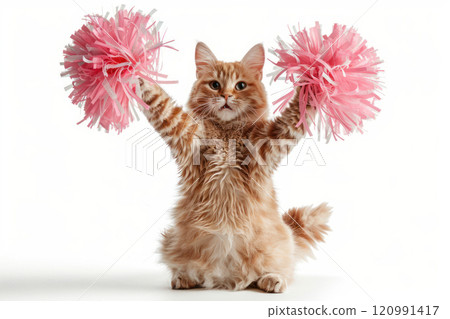 Happy cat wearing Cheerleader costumes, studio lighting, isolated on white background, stock photographic style 120991417