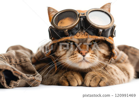 Happy cat wearing Miner costumes, studio lighting, isolated on white background, stock photographic style 120991469