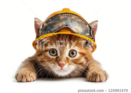 Happy cat wearing Miner costumes, studio lighting, isolated on white background, stock photographic style 120991470