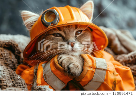 Happy cat wearing Miner costumes, studio lighting, isolated on white background, stock photographic style 120991471