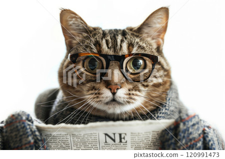 Happy cat wearing News Anchor costumes, studio lighting, isolated on white background, stock photographic style 120991473