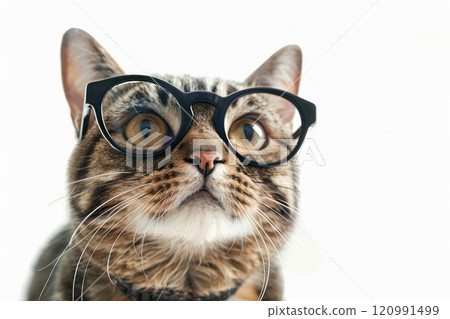 Happy cat wearing Librarian costumes, studio lighting, isolated on white background, stock photographic style 120991499