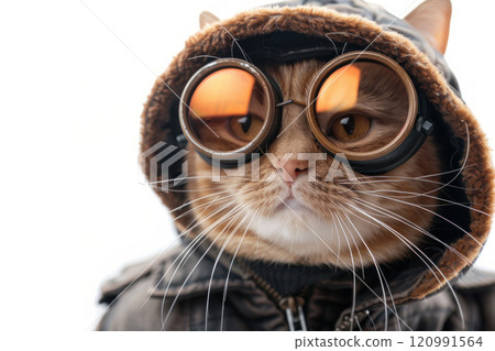 Happy cat wearing Cyberpunk costumes, studio lighting, isolated on white background, stock photographic style 120991564